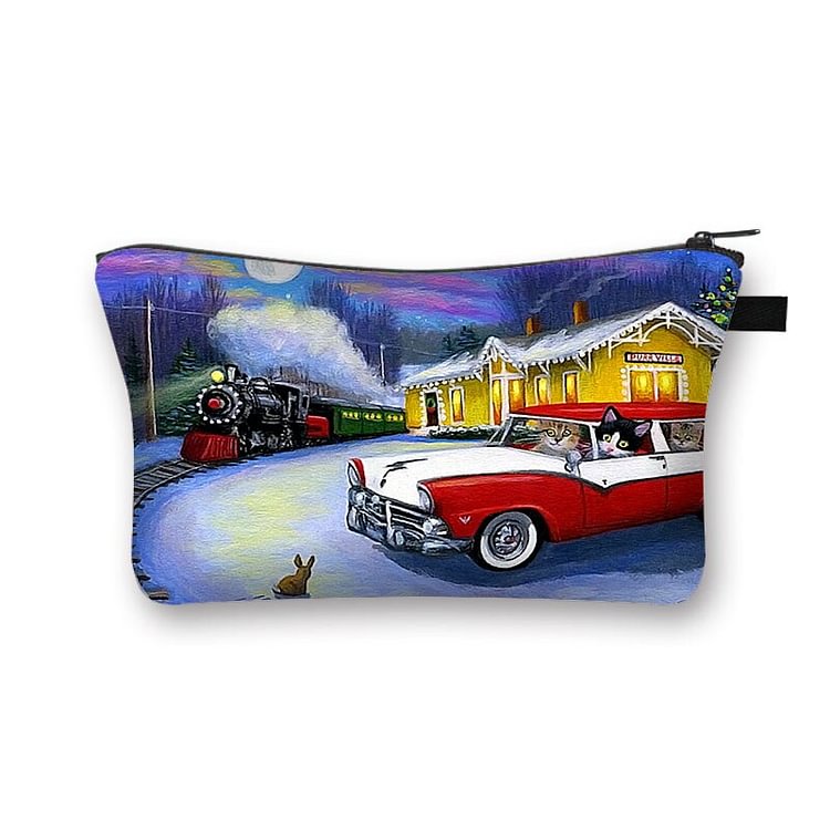 Train and village Printed Hand Hold Travel Storage Cosmetic Toiletry Bag