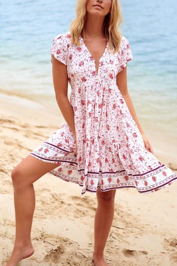 Floral Print V-neck Ruffles Beach Dress - Life is Beautiful for You - SheChoic