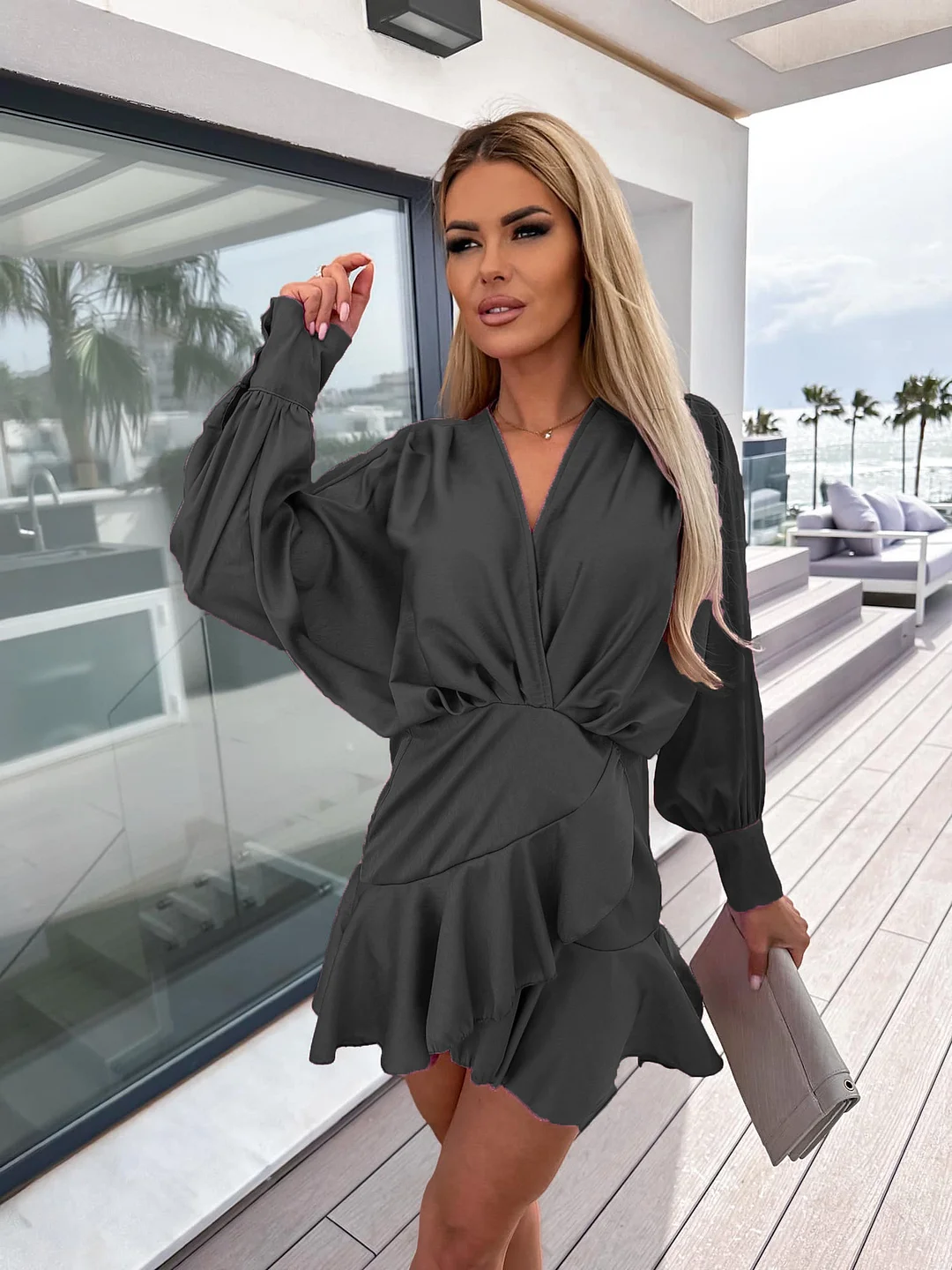 Brownm Brownm Ins Clear New Wind Summer Payment Collection Waist V-Collar Solid Color Satin Dress 23026
