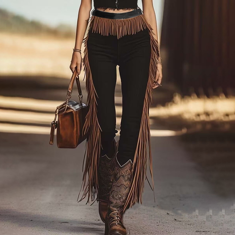 Vintage Western Denim Style Tassel Solid Color Slim Fit Pants elevenforest