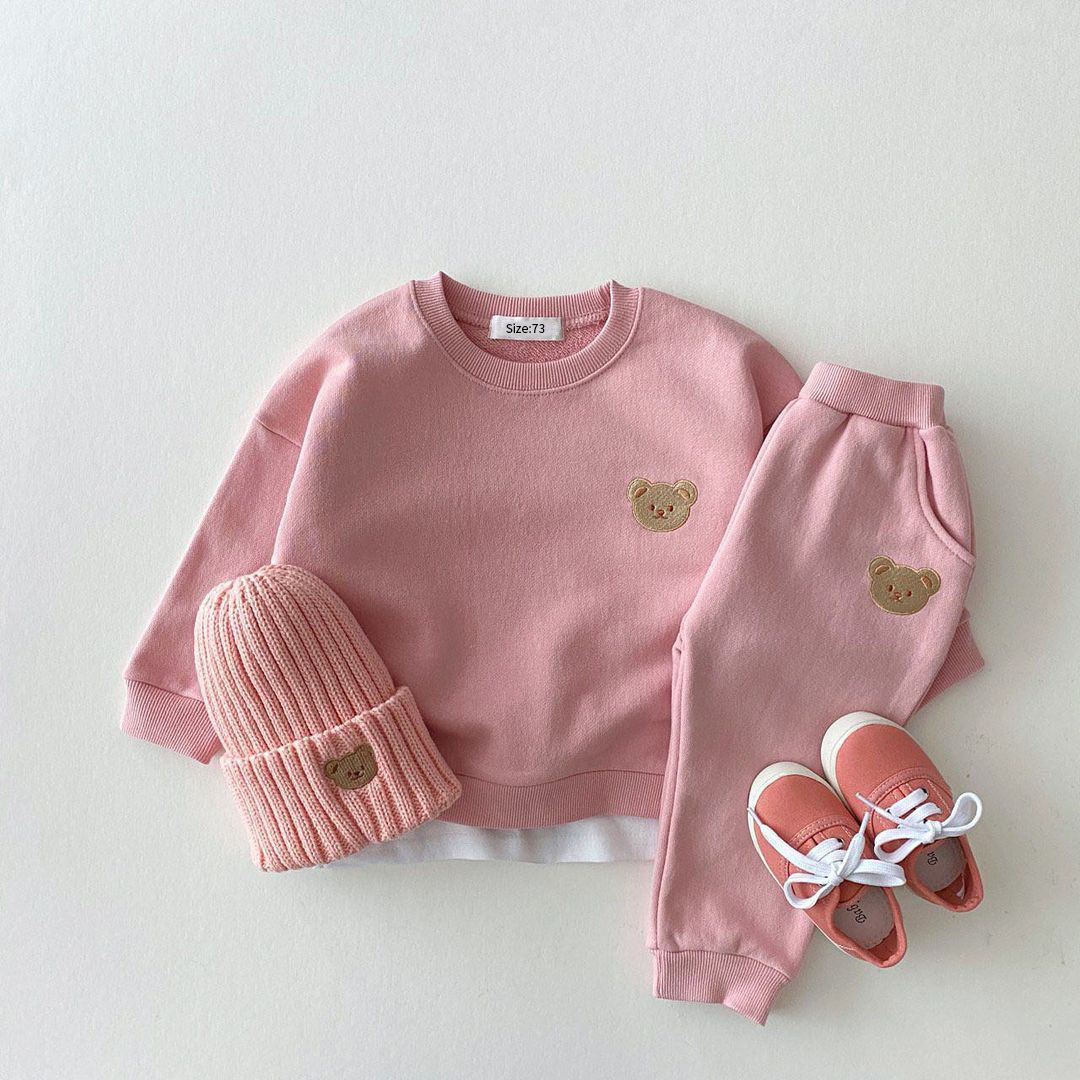 Toddler Boy/Girl Embroideried Mini Bear Solid Color T-shirt and Casual Pants Set