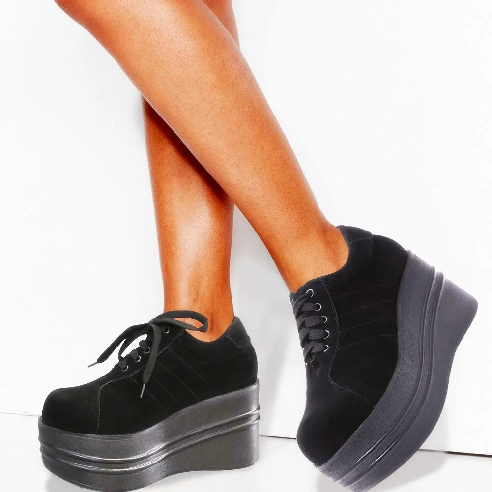 Brand New Big Size 43 Shoelaces Wedge High Heels Platform Tide Trendy Cool Autumn Winter Mid-Calf Boots Shoes Women Footwear