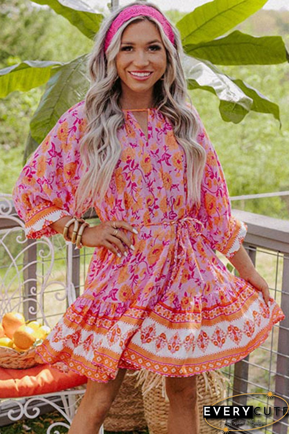 Red 3/4 Sleeve Boho Floral Belted Mini Dress