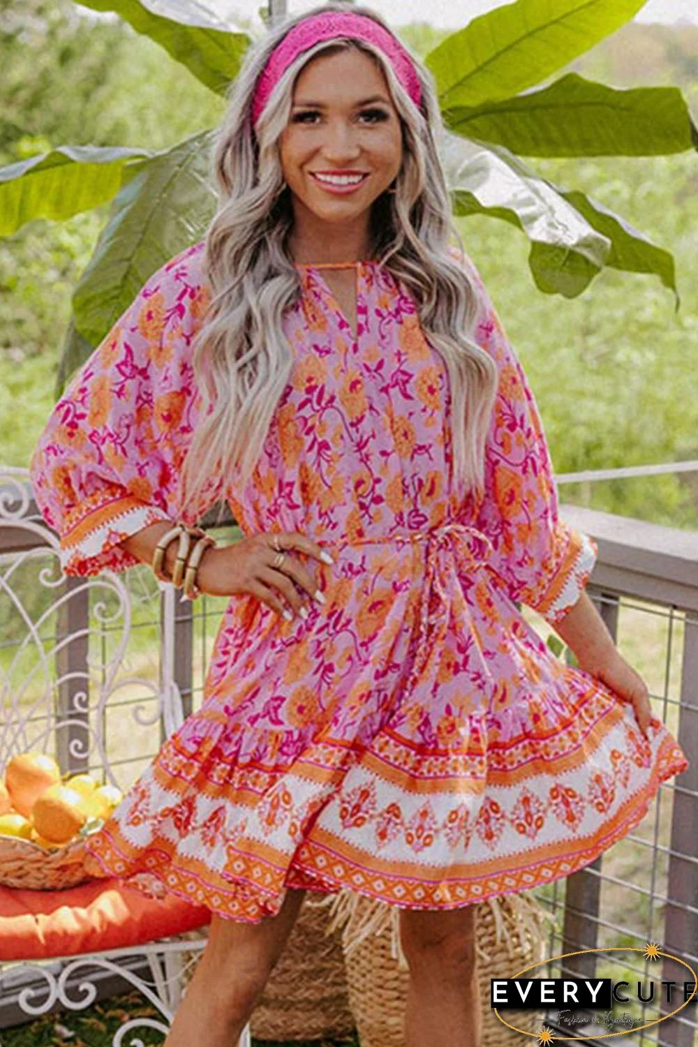 Red 3/4 Sleeve Boho Floral Belted Mini Dress