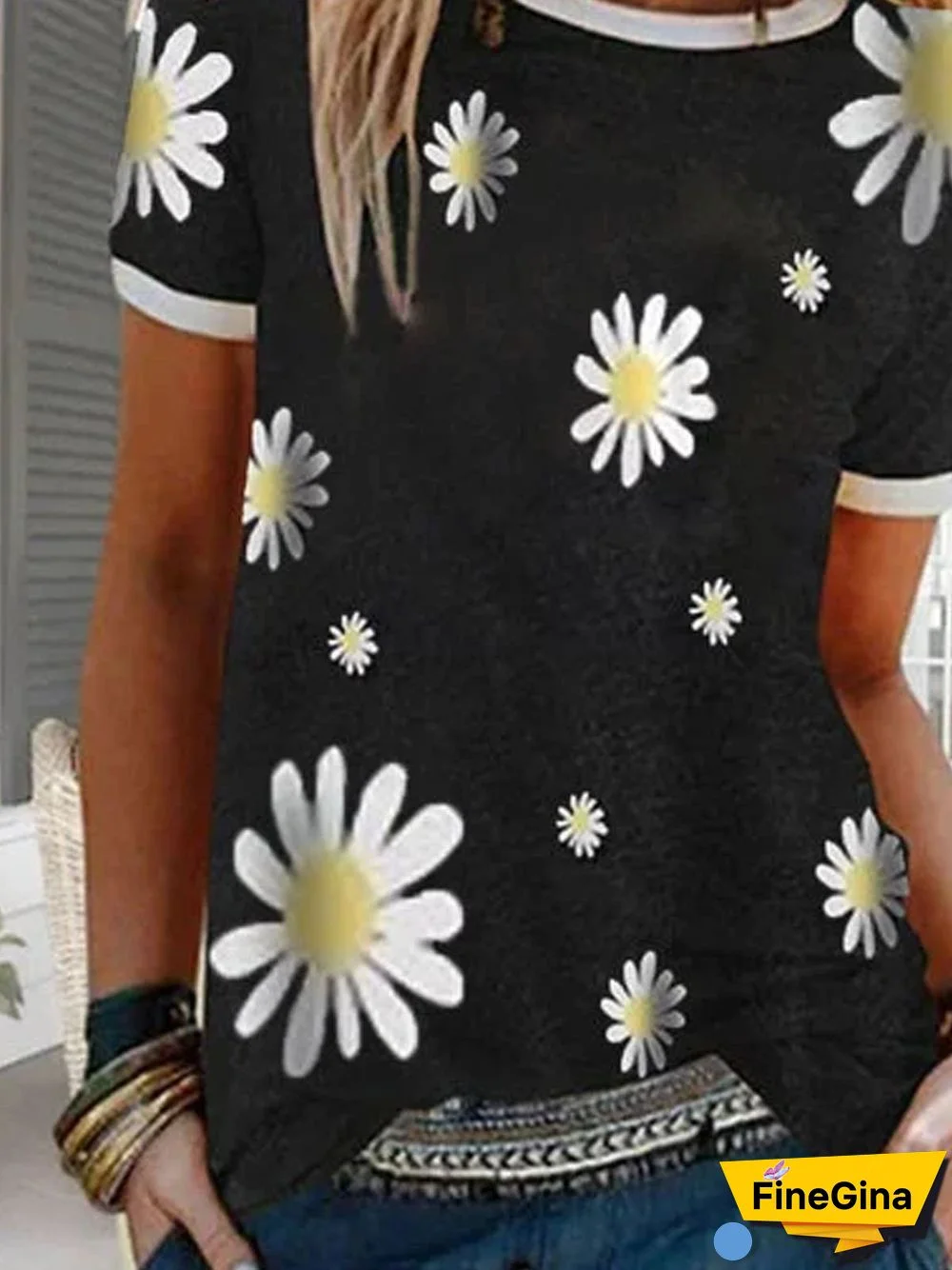 Black Cotton Round Neck Casual Printed T-shirt