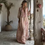 Boho Pink Roses Floral Lace Trim Flowy Linen Maxi Dress - Image 2