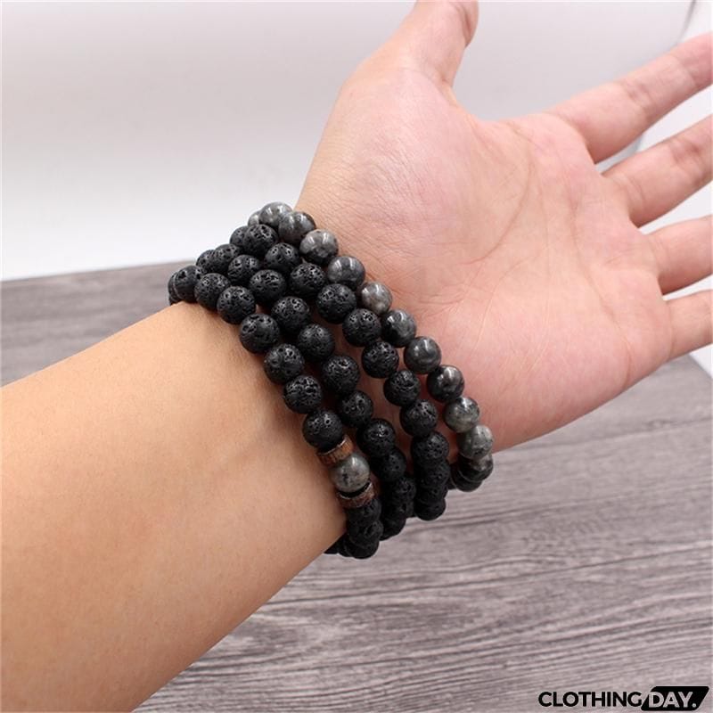Men’s Stylish White Crystal Volcanic Rocks Beaded String Bracelet
