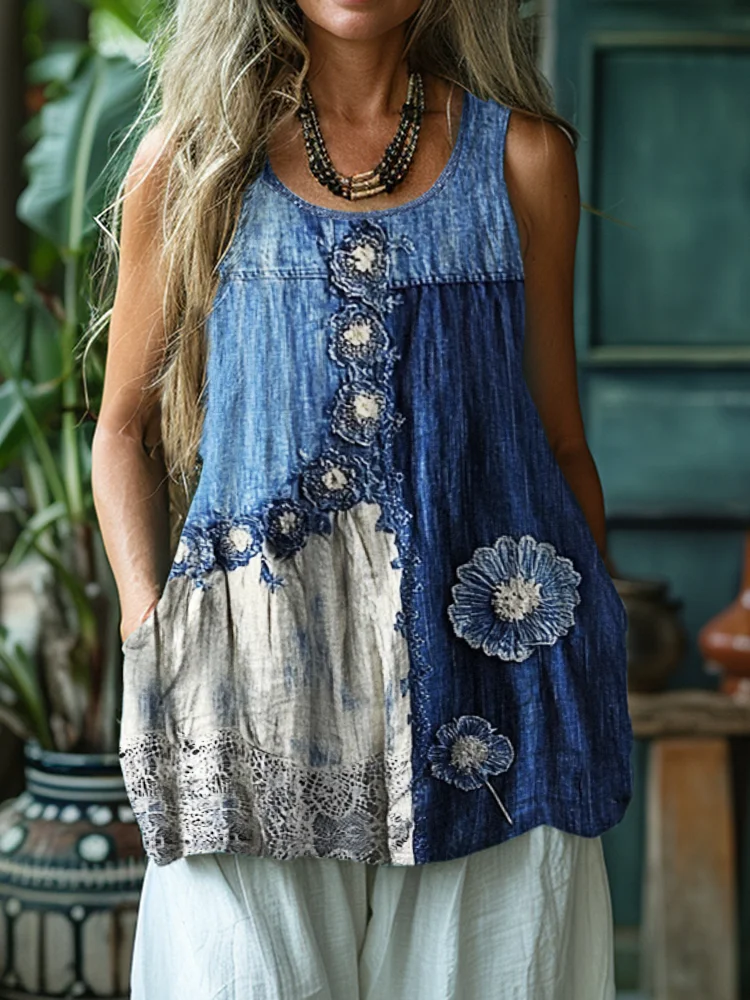 Floral Denim Textile Lace Hem Patchwork Tank Top