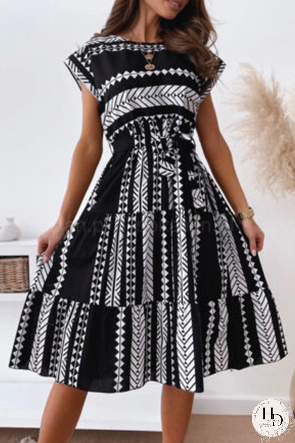 Elegant Print Strap Design O Neck A Line Dresses