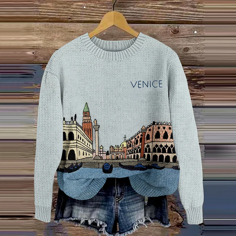 Maglione lavorato a maglia caldo ricamato con paesaggio veneziano in Italia
