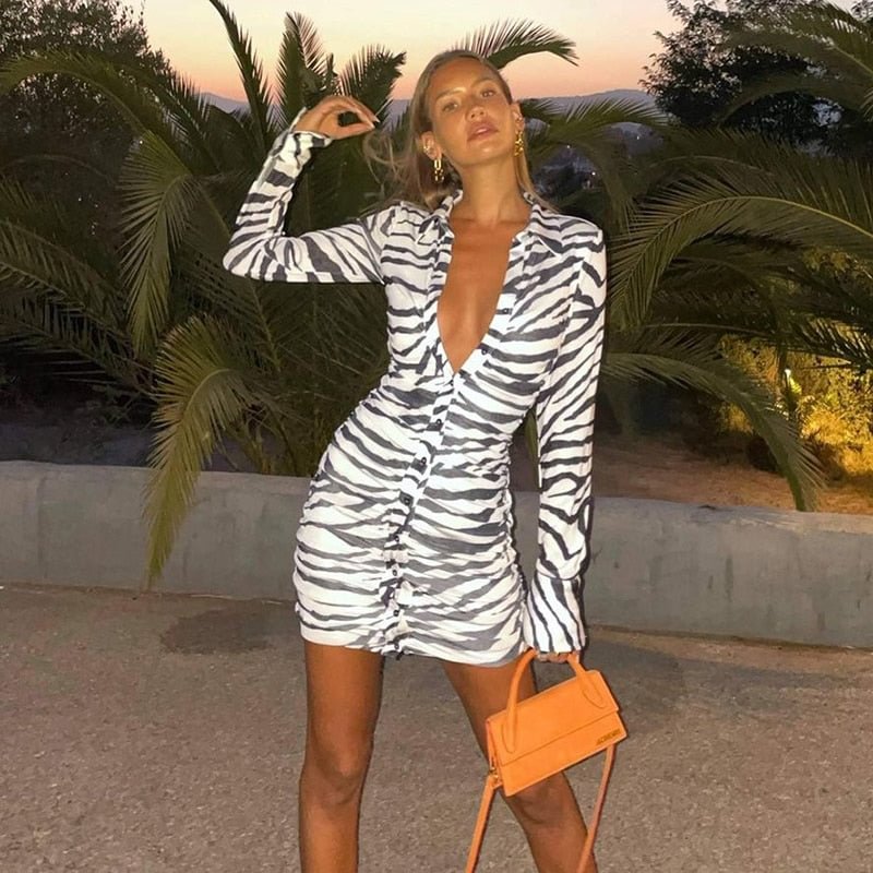Dulzura Floral Zebra Print Women Long Sleeve Ruched Shirt Mini Dress Bodycon Slim Sexy Streetwear Party Club 2021 Autumn Winter