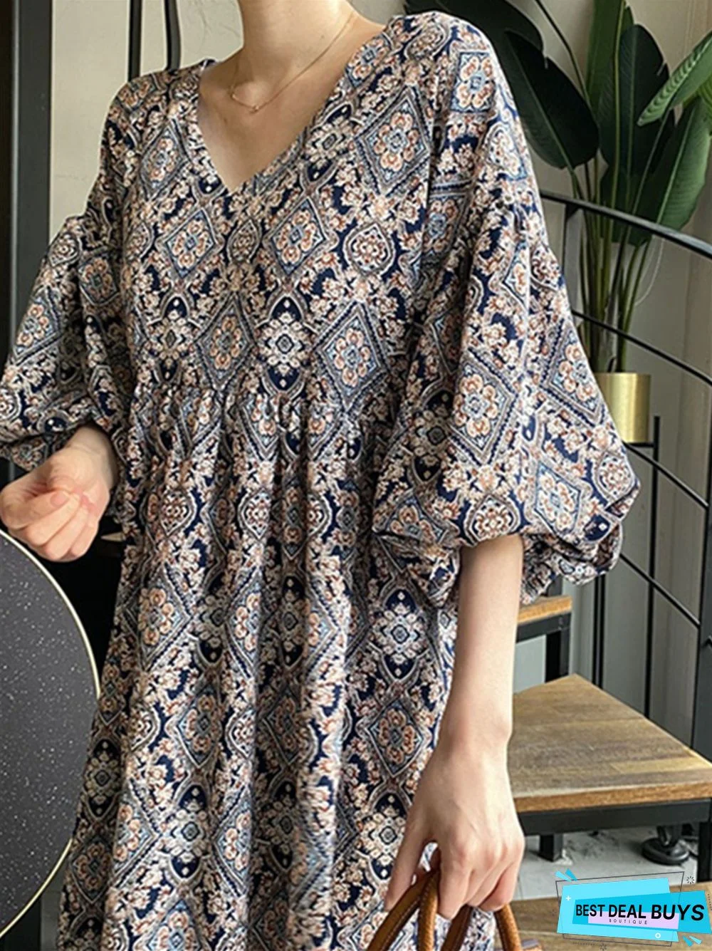 Printed V-Neck Loose Swing Lantern Sleeve Dress