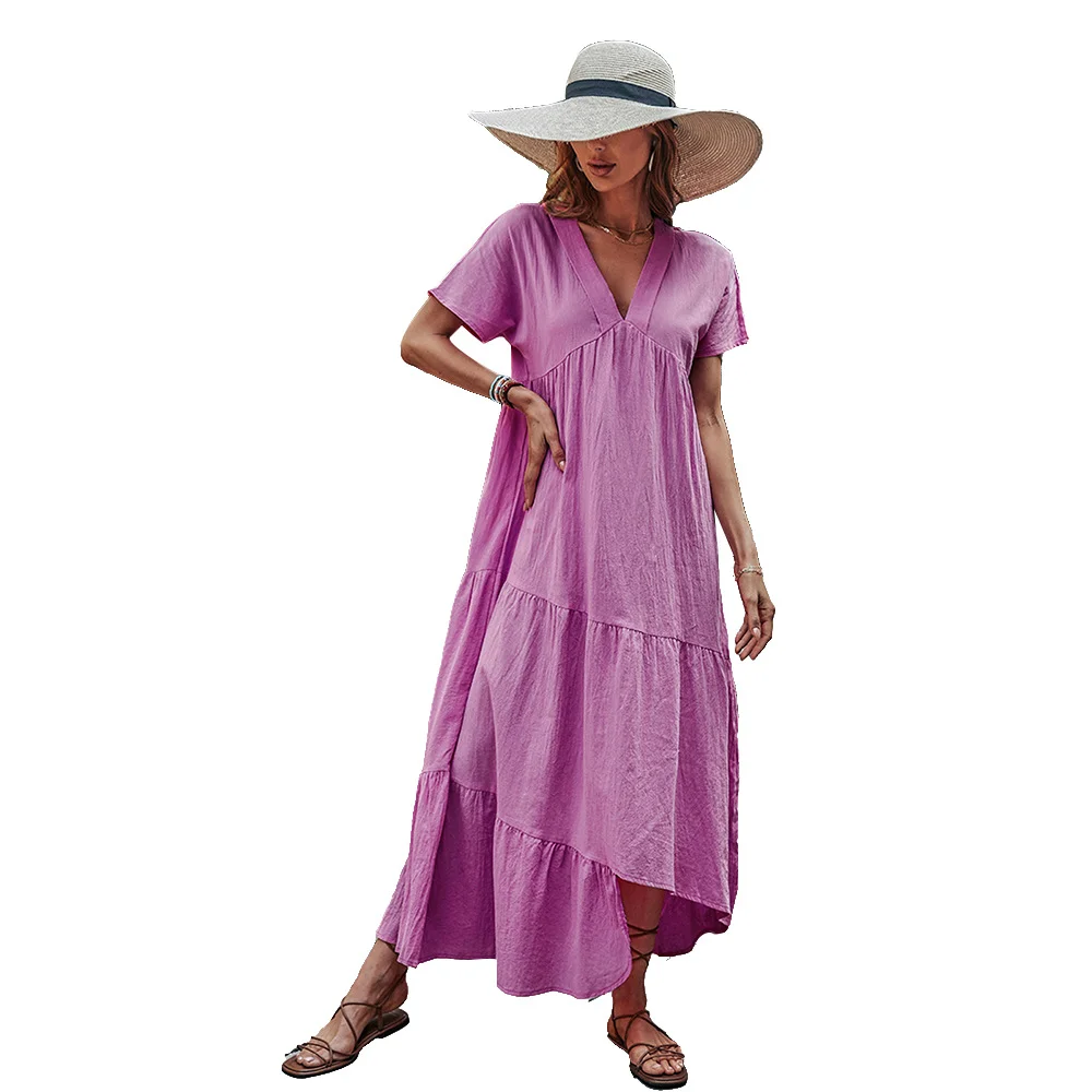 Chic Asymmetric Hem Long Dresses For Women Summer Dress New Elegant V-Neck Loose Solid V-Neck Cotton A-line Dress