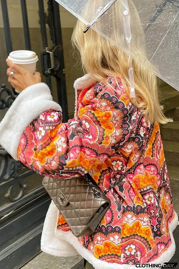 Cute Vintage Print Fleece Quilted Oversize Kimono Jacket