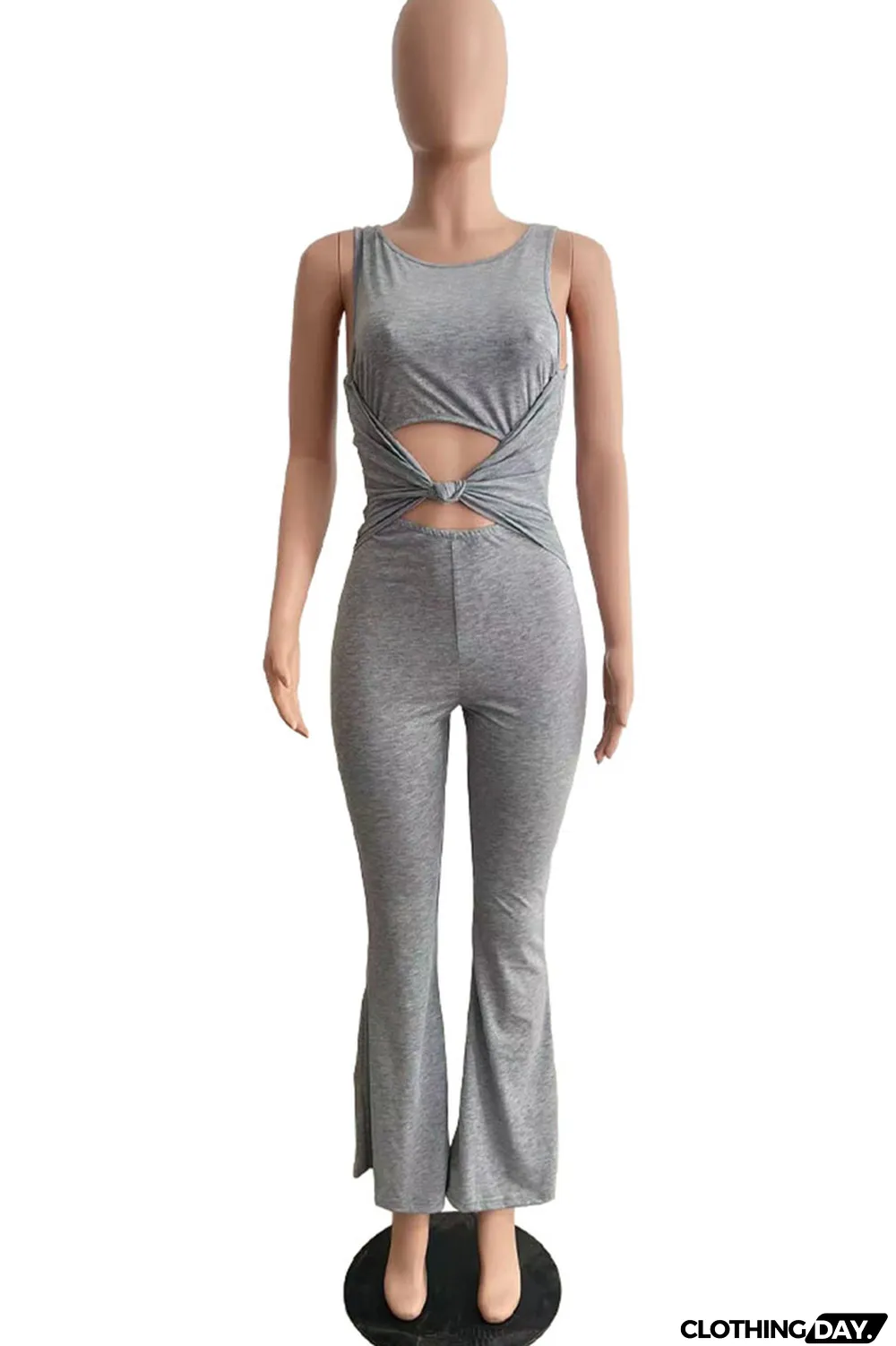 Orange Sexy Solid Hollowed Out Patchwork Knotted O Neck Skinny Jumpsuits