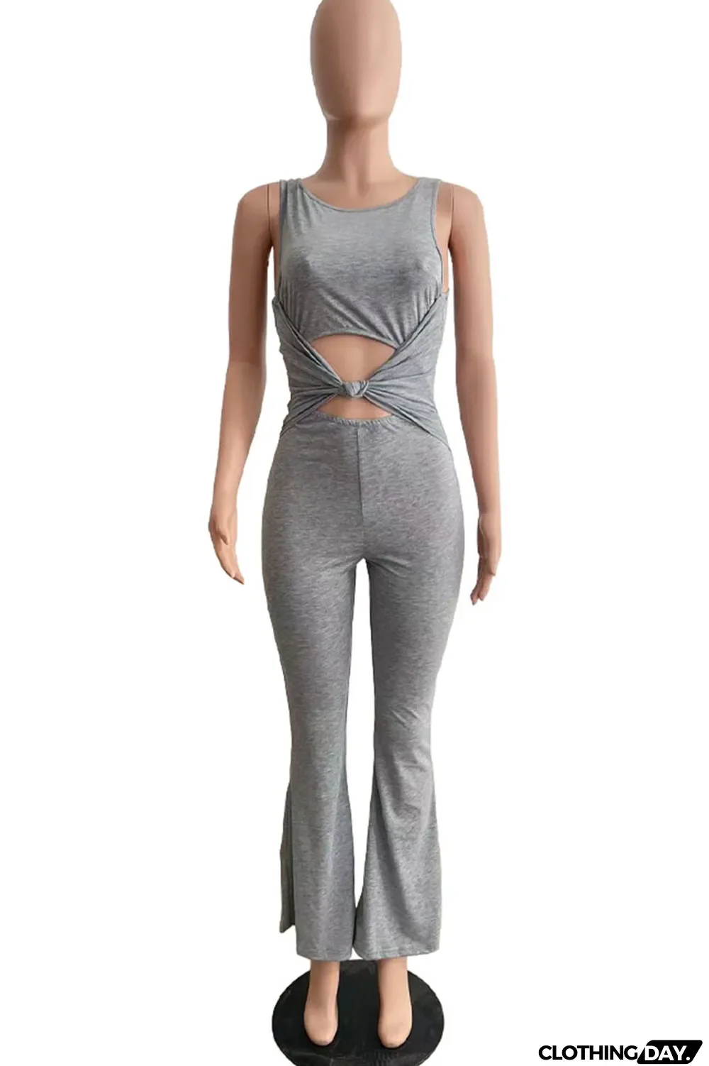 Orange Sexy Solid Hollowed Out Patchwork Knotted O Neck Skinny Jumpsuits