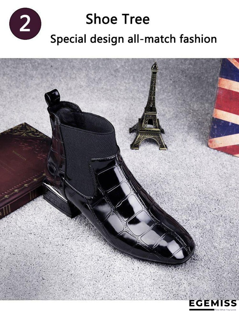 Chic Women Boots Shiny PU Leather Autumn Winter Shoes Woman Spuare Toe Block Heels Ankle Boots | EGEMISS