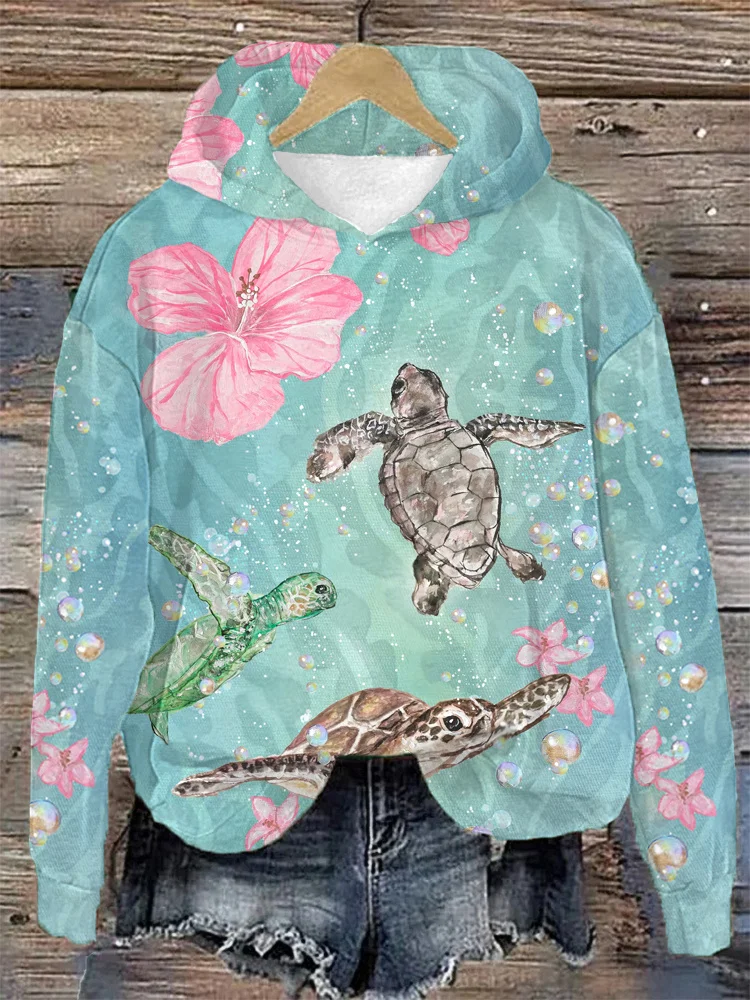 Sea Turtle Flower Print Hooded Sweatshirt