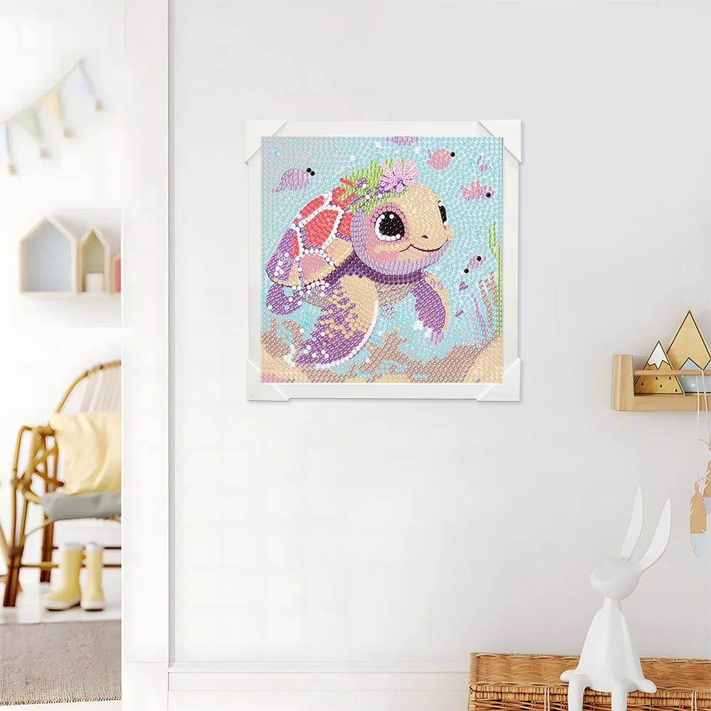 5D DIY Full Round Crystal Rhinestone Diamond Painting Sea Tuetle Kit Home Decor Art Craft For Kid(Canvas|15*15cm)【with Wooden Frame】