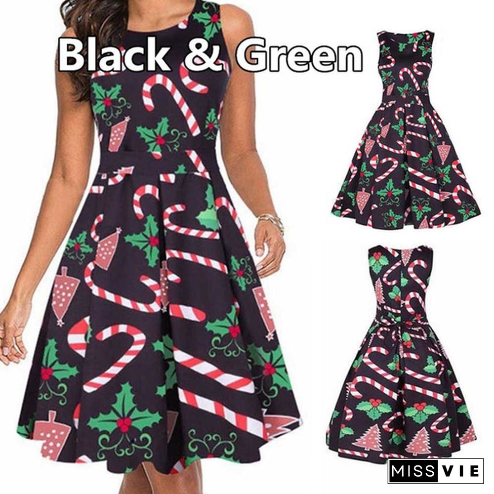 Christmas Dresses for Women Sleeveless Cocktail A-Line Xmas Santa Claus Snowflake Christmas Party Dress Retro Vintage Style Cocktail Party Swing Dresses