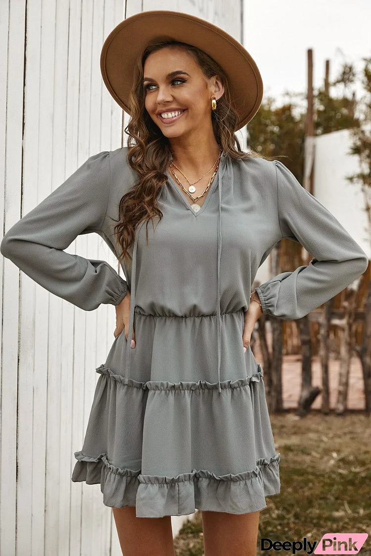 Casual Gray V Neck Long Sleeve Ruffle Tiered Mini Dress