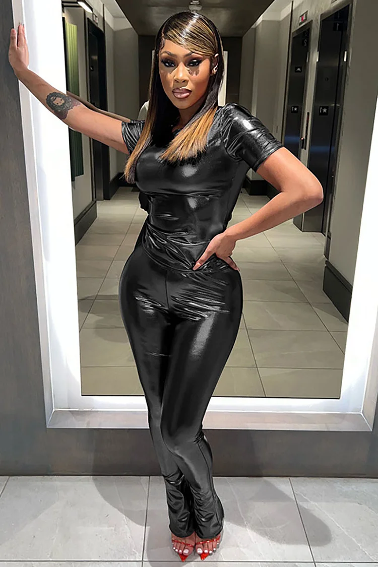 Sheen Metallic Short Sleeve T-Shirt Slim Pants Matching Set
