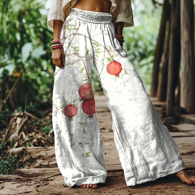 Vintage Pomegranate Art Print Loose Wide Leg Pants
