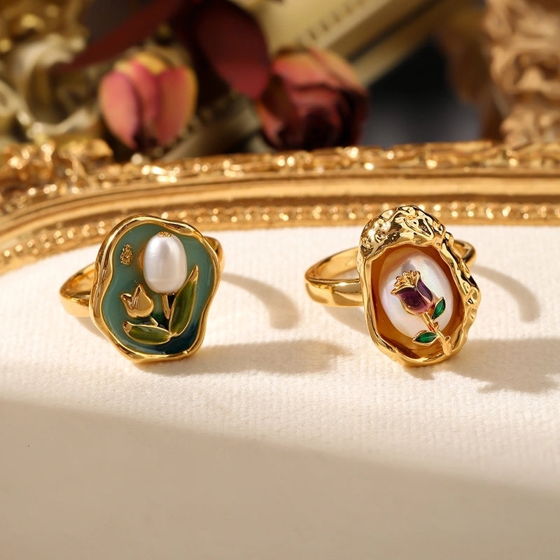 Copper Inlay Rose Pearl Open Rings