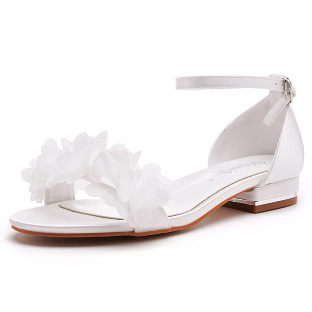 Breakj Breakj Cm Square With A Shallow Mouth With Buckle Sandals Ivory White Silk Satin Bridal White Flowers Sandals Woman