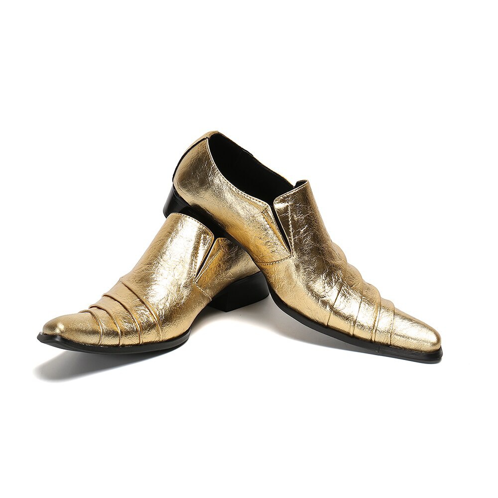 Men Shoes Gold Metal Pointed Toe Leather Dress Shoes British Men Formal Leather Shoes Slip On Oxfords