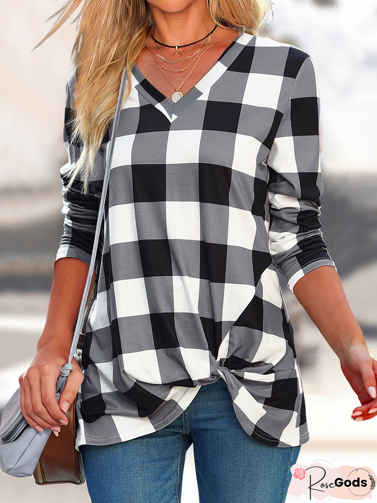 Casual Black Checkered Print V Neck Long Sleeve T Shirt