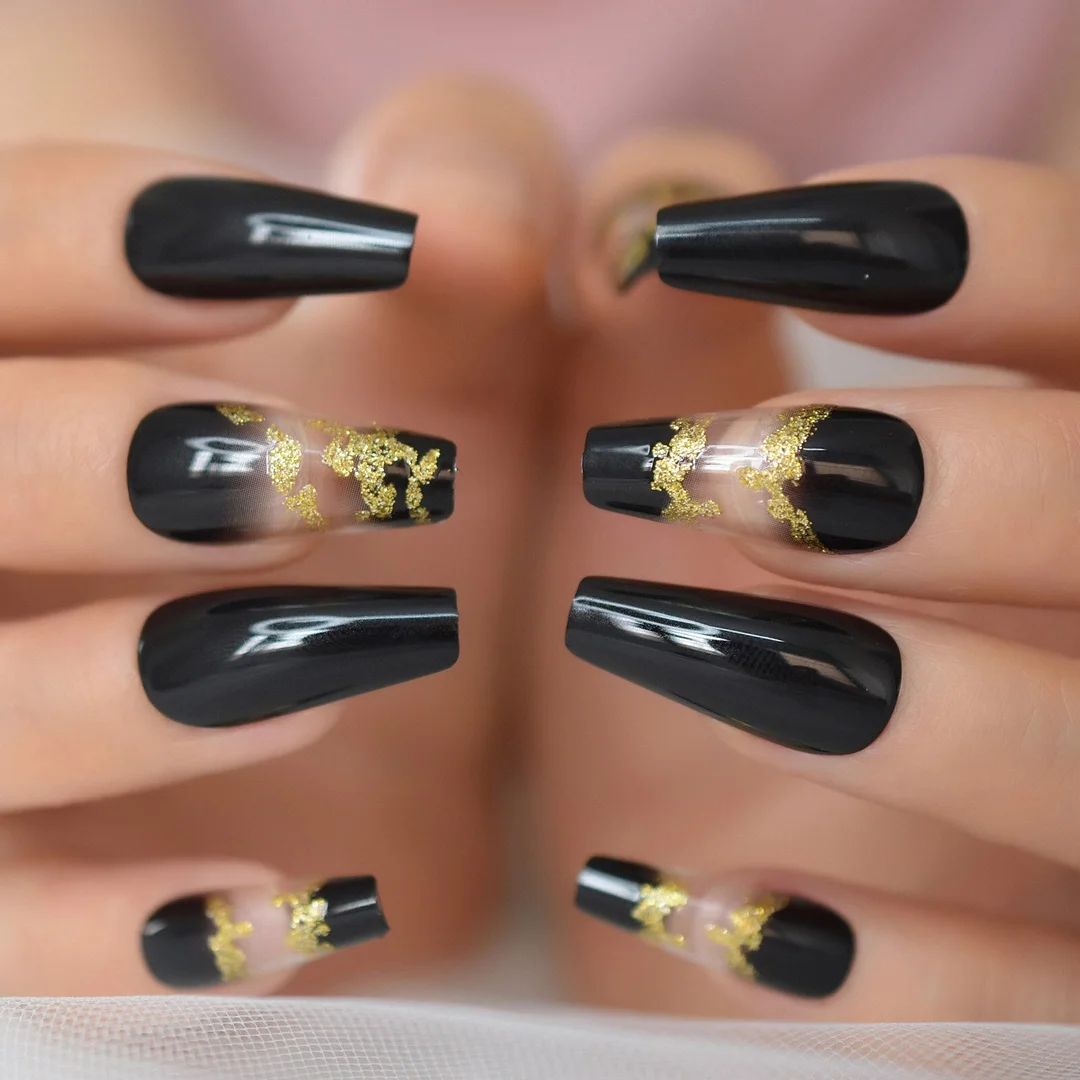 48 PCS 2*24pcs Mixed Set Extra Long Nail Art Fake Nails Tips Full Cover Fashion Nail Foil Coffin Charming Black Golden Glitter-Nail Inspo