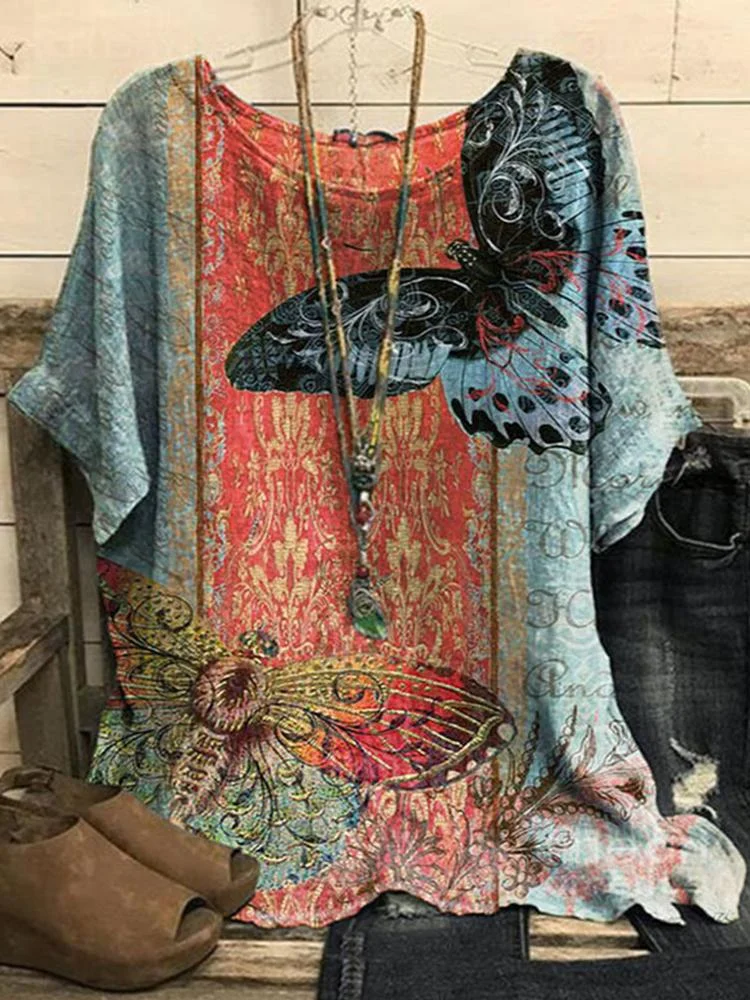 Cotton Linen Vintage Peacock Print Casual Short Sleeved Top