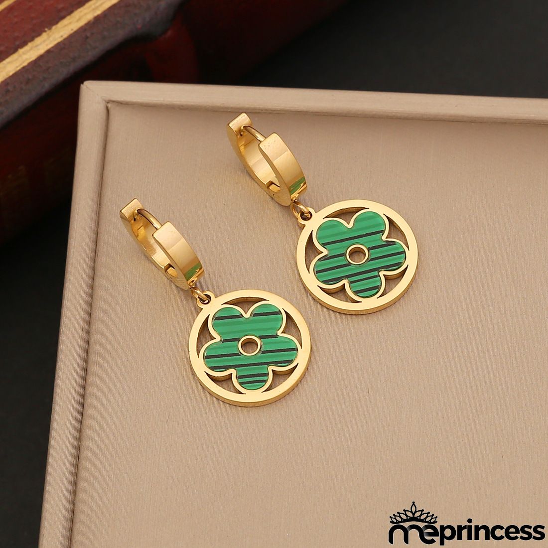 Women's Fashion Green Heart Moon Floral Stainless Steel Earrings