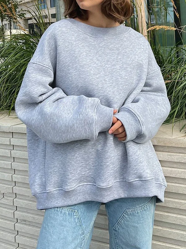 Long Sleeves Loose Solid Color Round-Neck Sweatshirt Tops