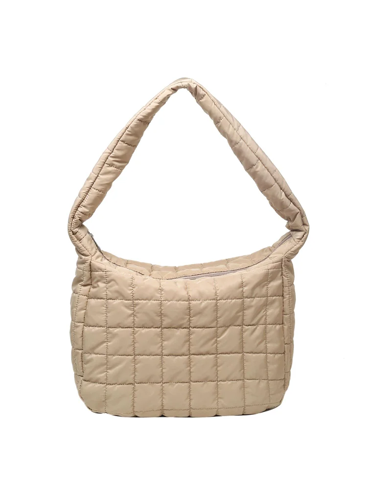Retro Checkered Shoulder Bag Women Nylon Pure Color Crossbody Bags (Khaki)
