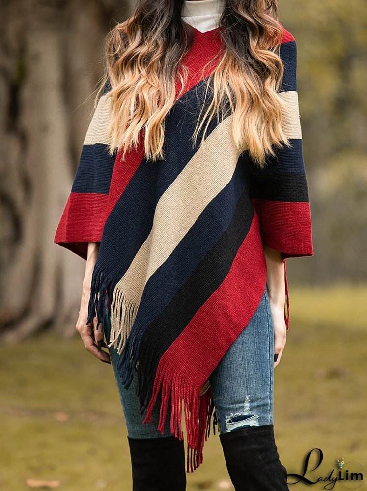 Knitted Striped Tassel Poncho