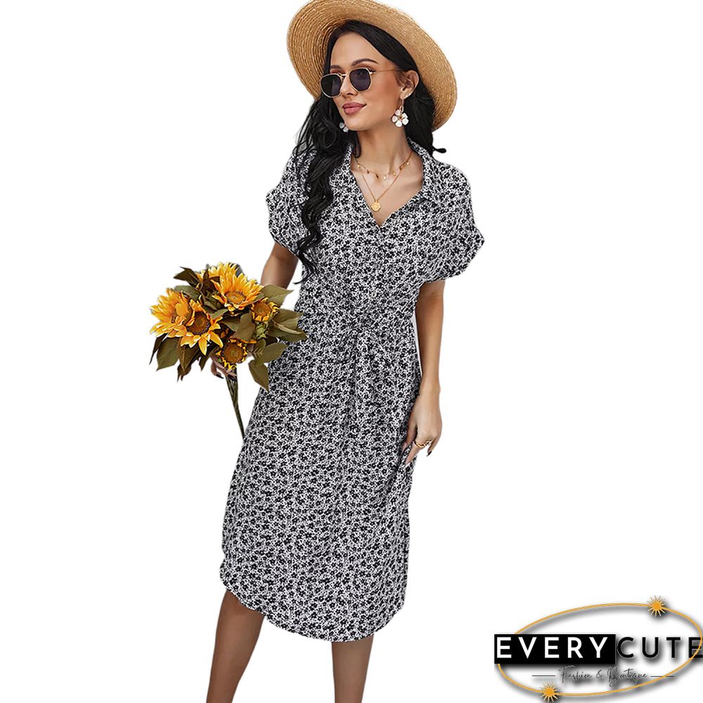 White Floral Print Button Shirt Dress with Belt