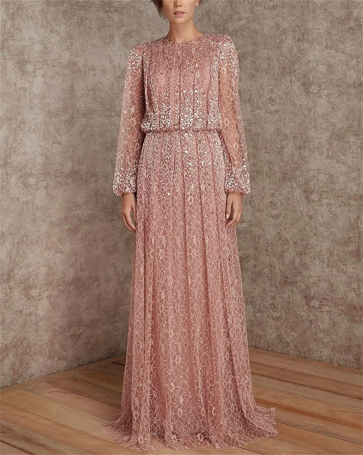 Women's Pink Mesh Embroidery Long Sleeve Dress