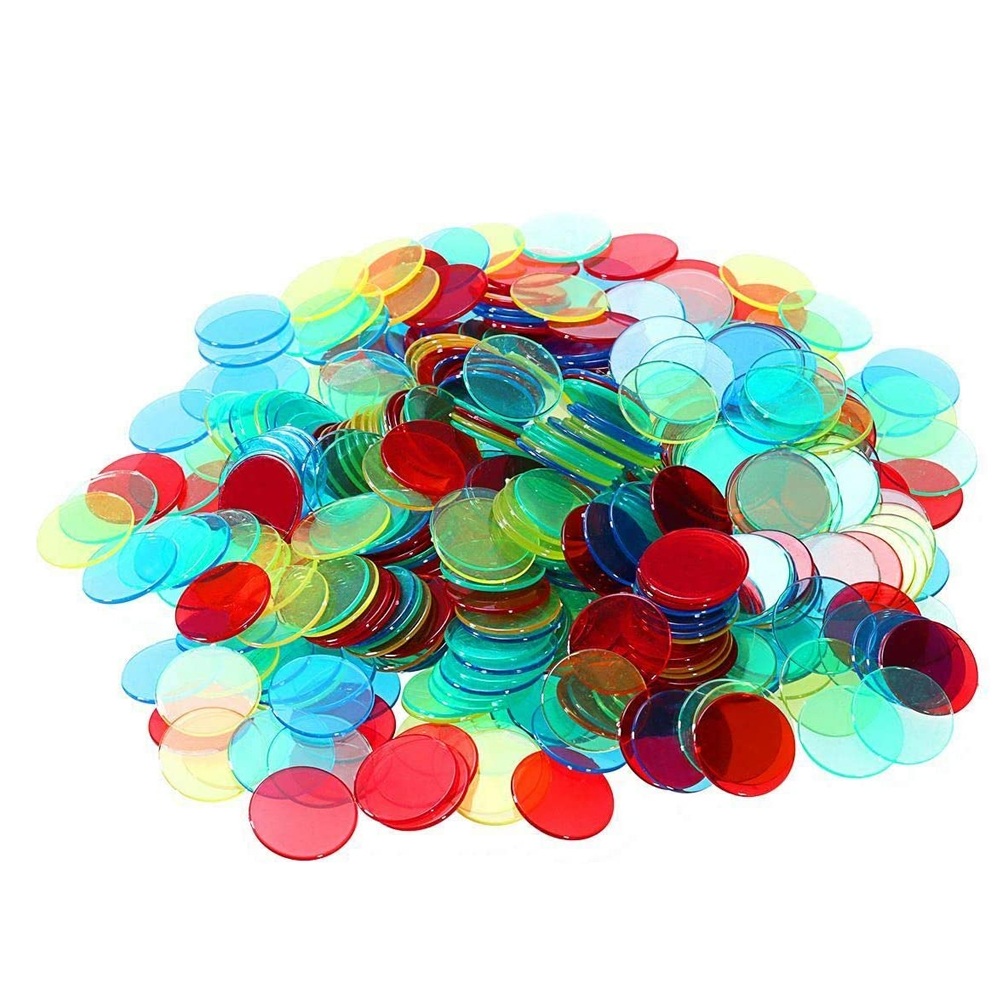 

400pcs 3/4 inch Transparent Plastic Bingo Counting Chips Markers 4 Colors, 501 Original