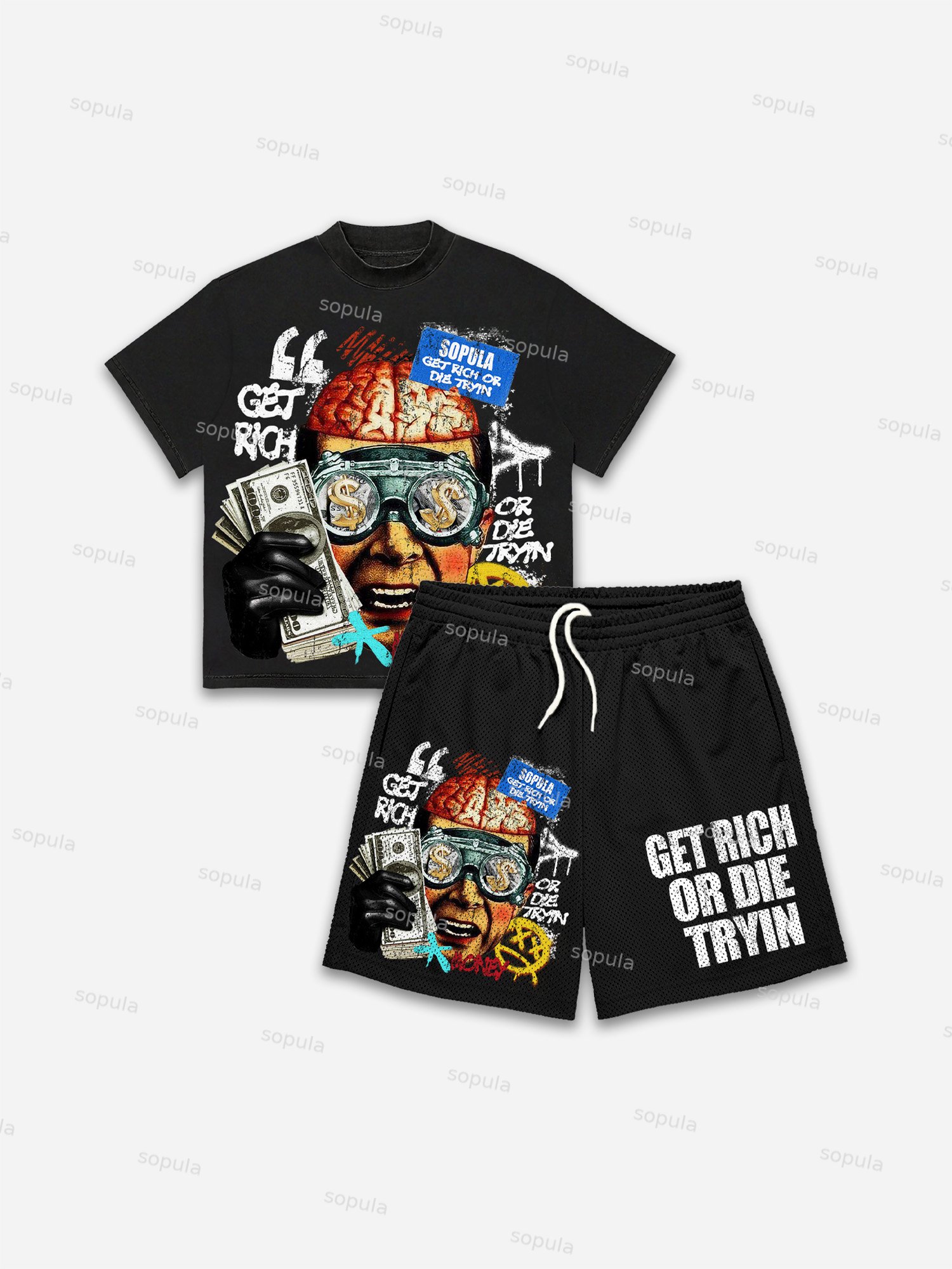 Get Rich Money Print Short Sleeve Tee & Shorts Two Piece Set