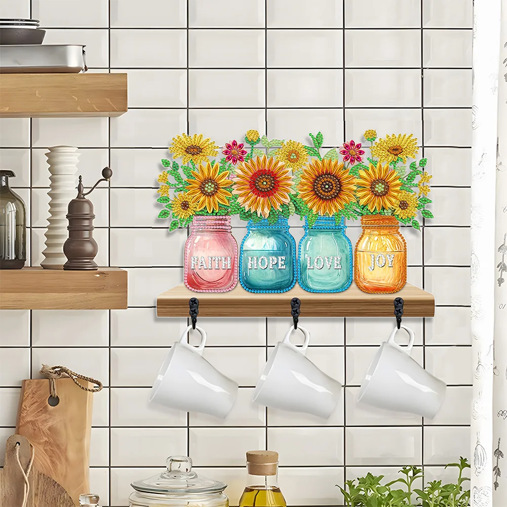 5D DIY Sunflower Vase Diamond Art Hooks Rhinestone Painting Coat Hook