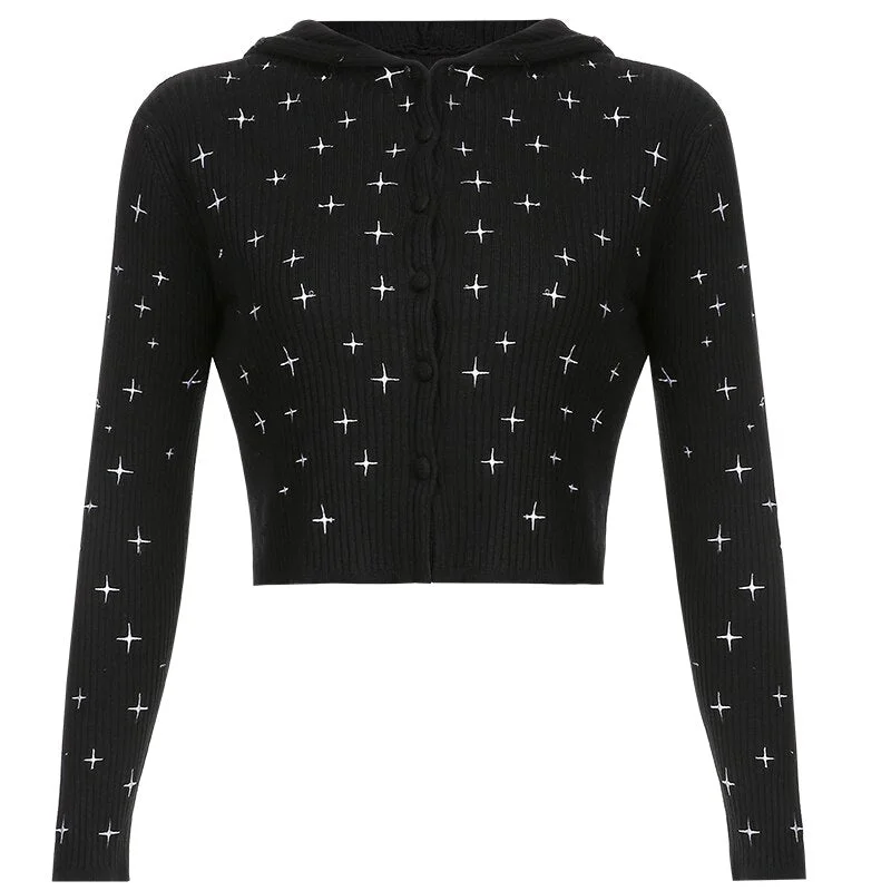 Cartoon Embroidery Autumn Y2K Cardigans Single-breasted Crop Hooded Coats With Fur Sleeves Cute Korean Knitwear Cuteandpsycho