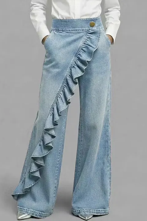 Women's Denim Asymmetric Ruffle Trim High Waist Pocket Wide Leg Jeans