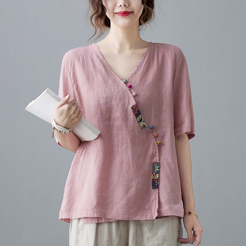 Women V-Neck Short Sleeve Casual Cotton Linen Shirts