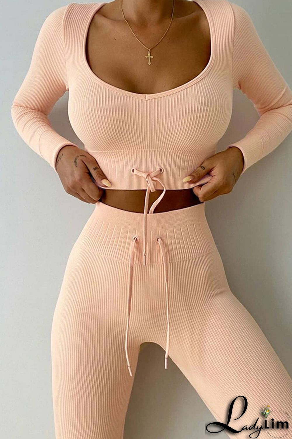 Light Green Casual Sportswear Solid Frenulum V Neck Long Sleeve Two Pieces