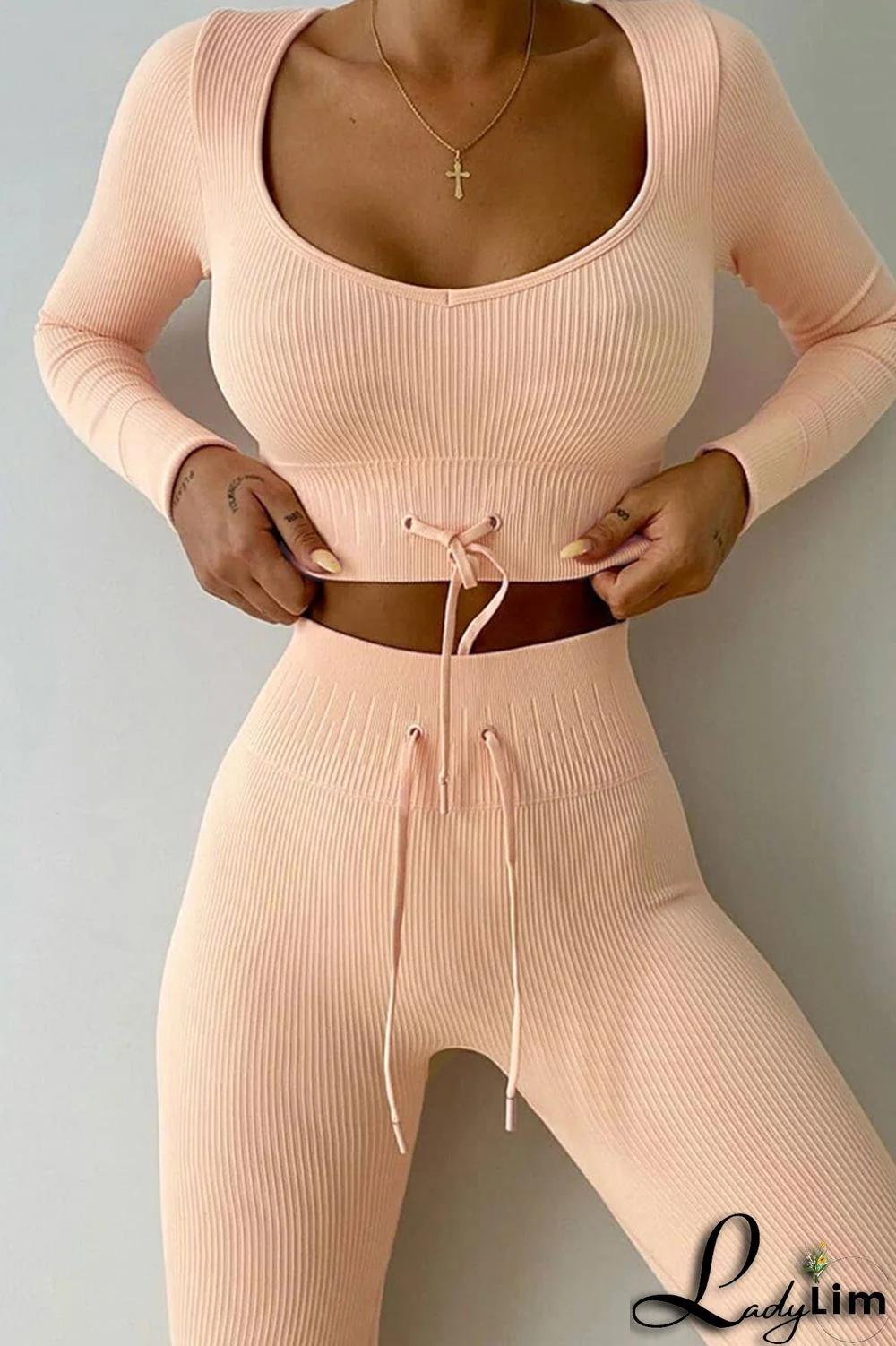 Light Green Casual Sportswear Solid Frenulum V Neck Long Sleeve Two Pieces