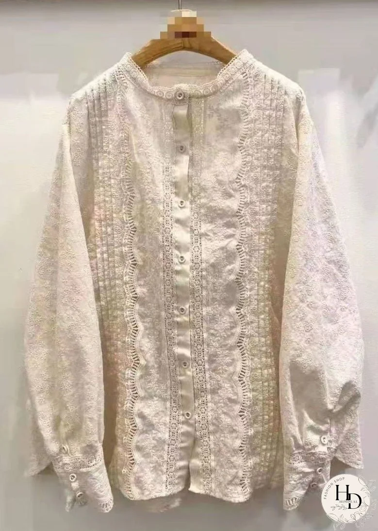 New Apricot O Neck Embroideried Button Cotton Shirt Spring