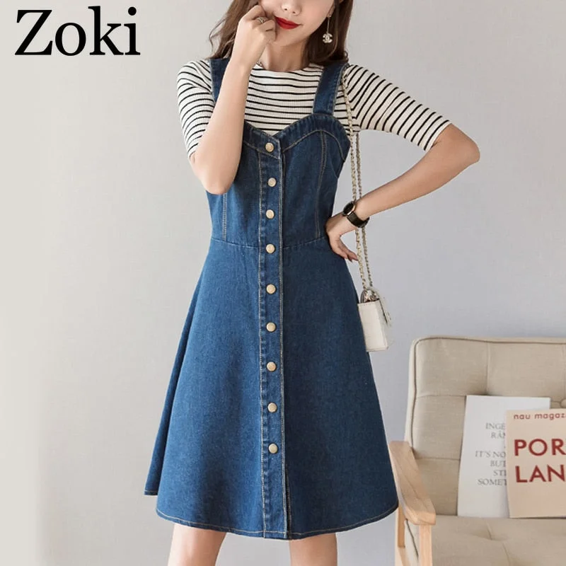 Zoki Plus Size S-5XL Women Denim Dress Summer High Waist Single Breasted Blue Jeans Suspenders Midi Dress Casual Cotton Dress