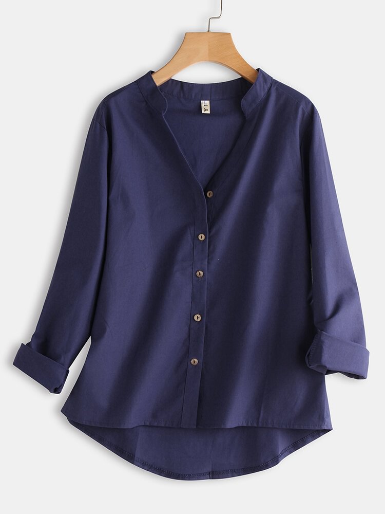 Solid Color Long Sleeve Casual V neck Blouse For Women P1639319